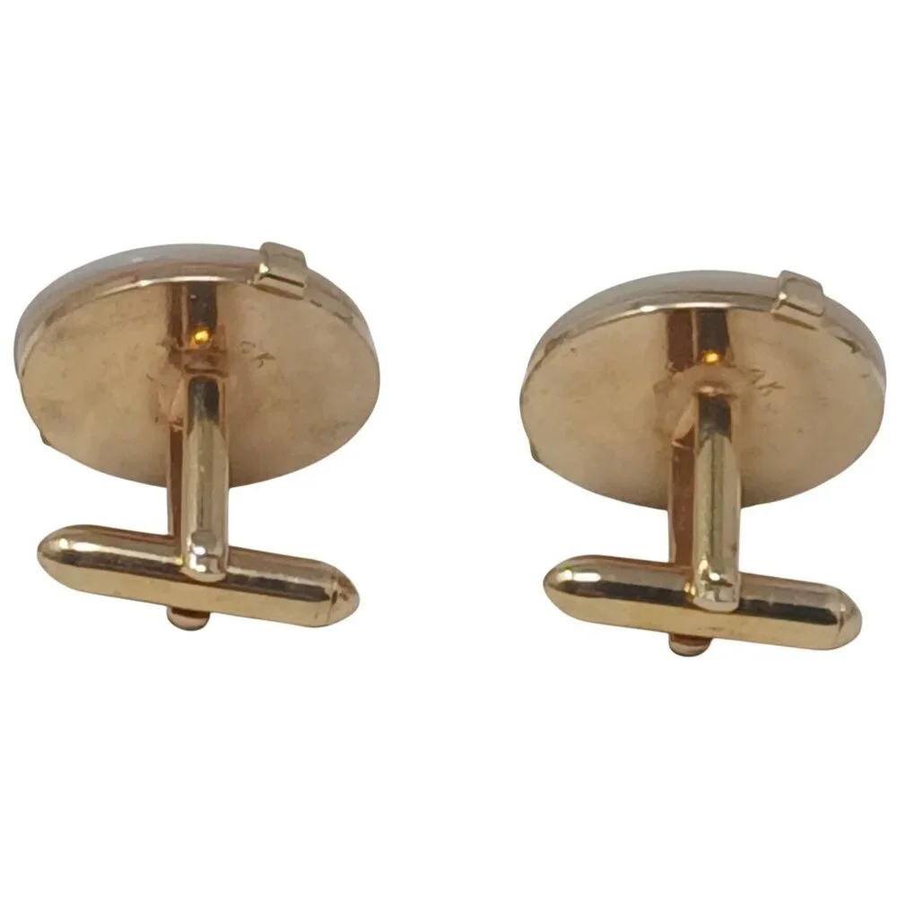 Vintage Gold Tone & Mother Of Pearl Round Cufflinks With Geometric Design #J-4